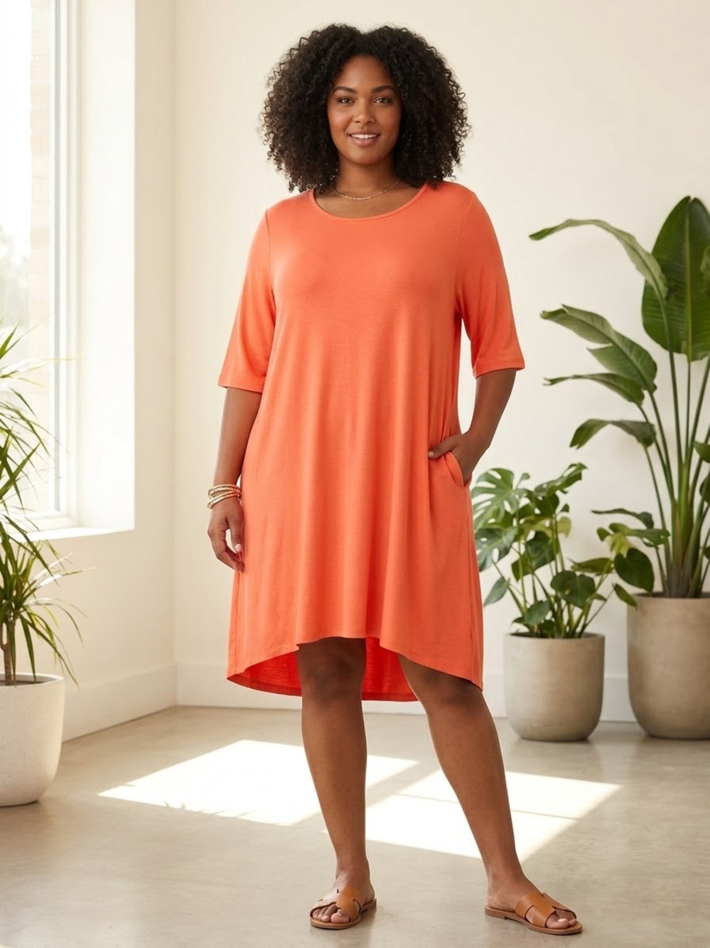Eileen Fisher Dress Orange Knee Length Quarter Sleeve Dress Size 3x W Pockets
